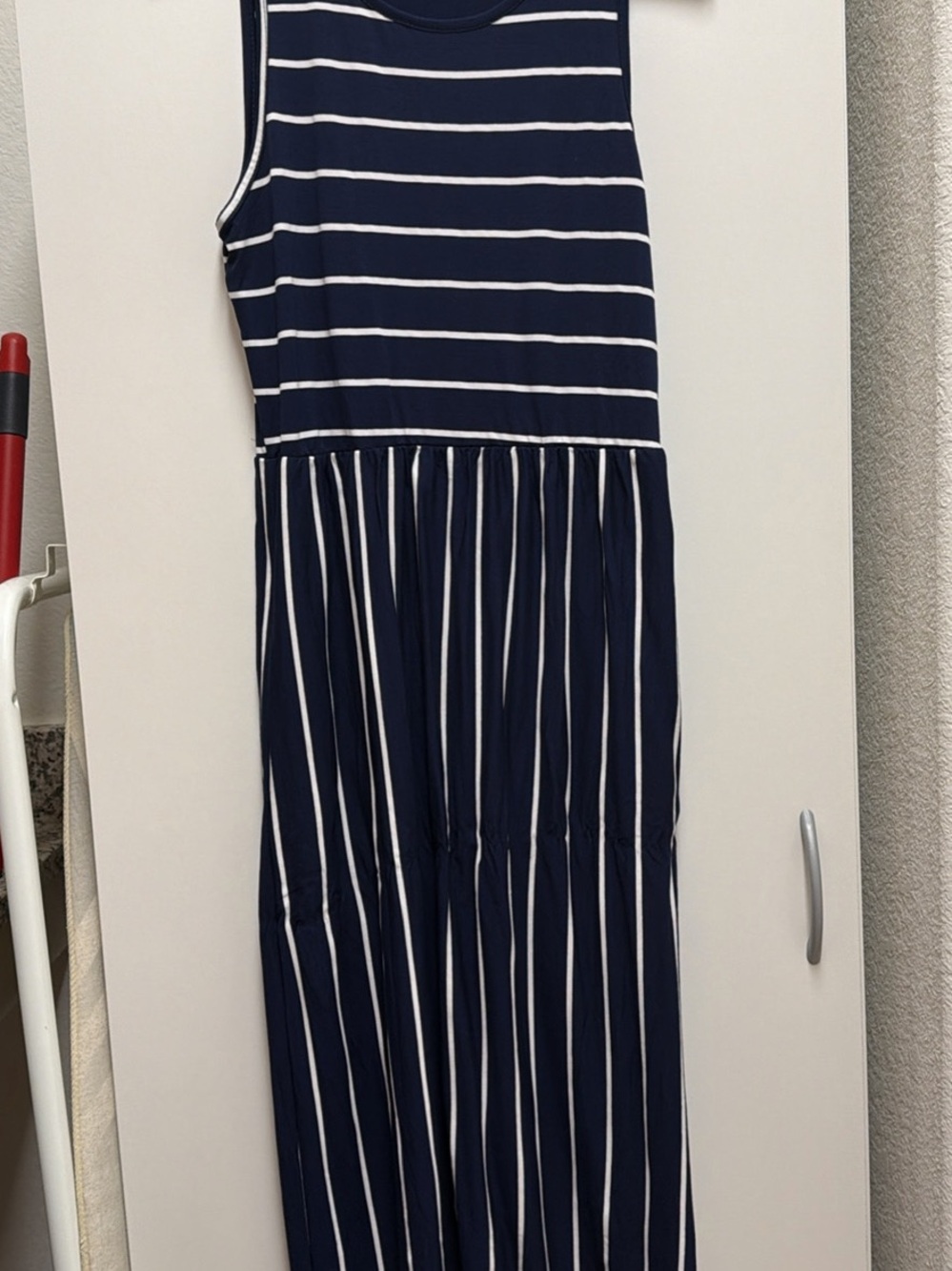 Sleeveless Navy and White Striped Maxi Dress